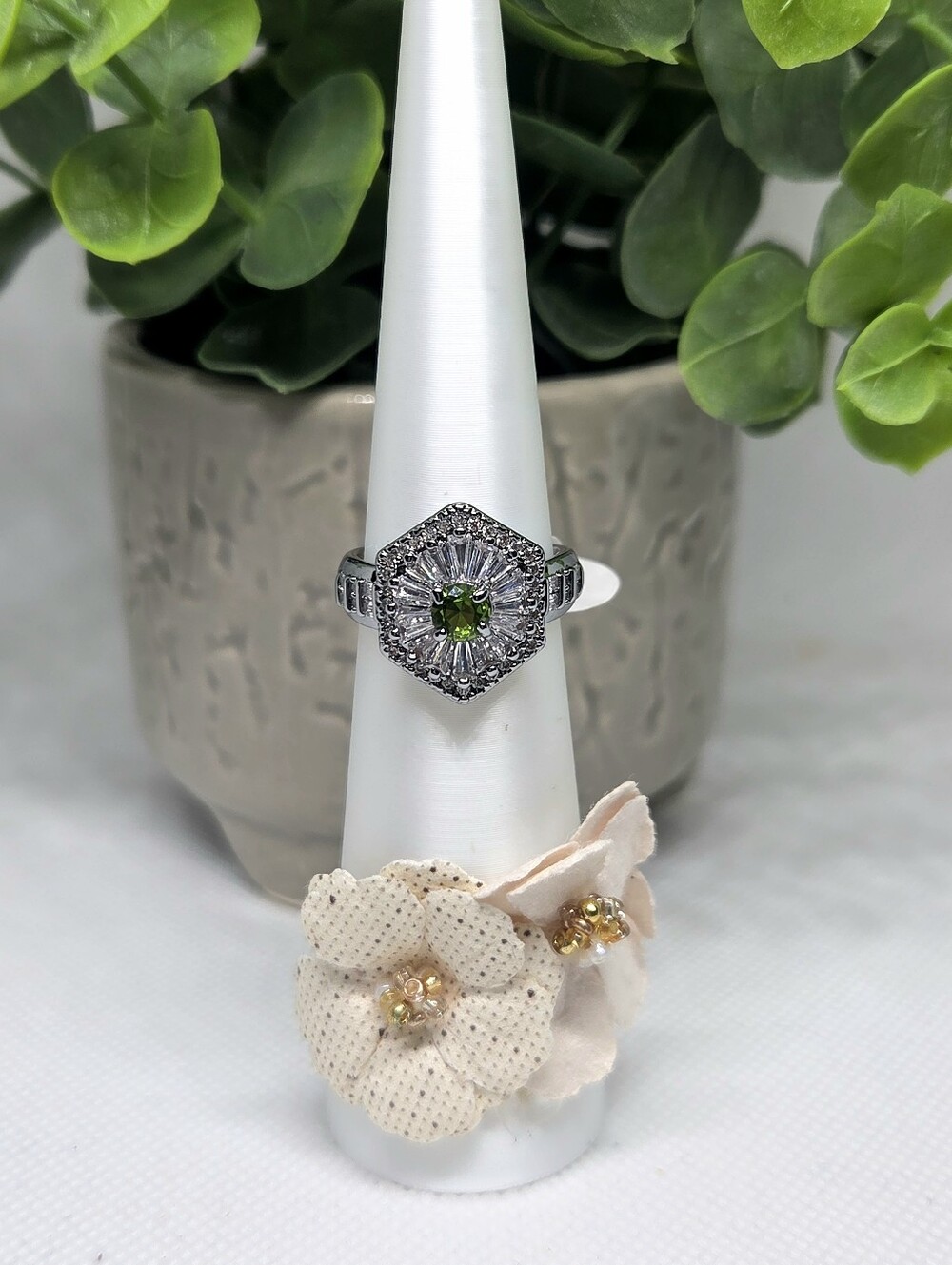BP Silver Hexagon Halo Ring with Green Center Stone On Rhodium Plating